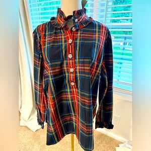 NWT, JCrew, Stewart tartan red blue with sequins classic collared shirt, size 18